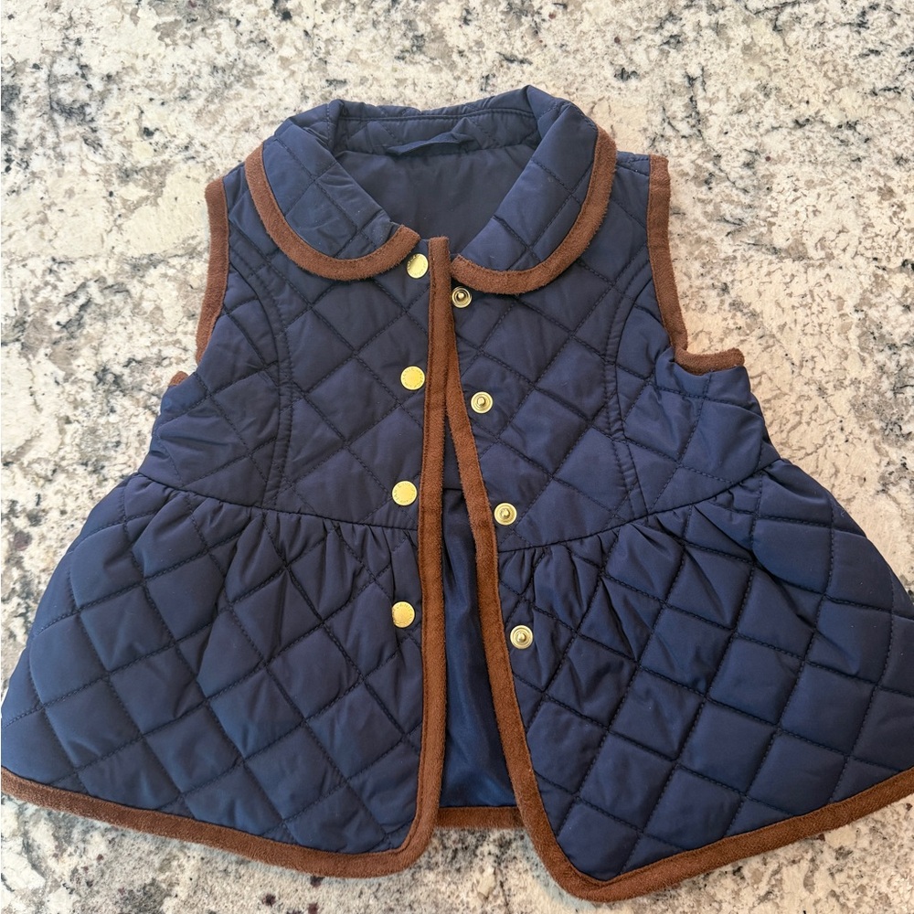 Janie and Jack Navy Quilted Peplum Vest with Brown Trim